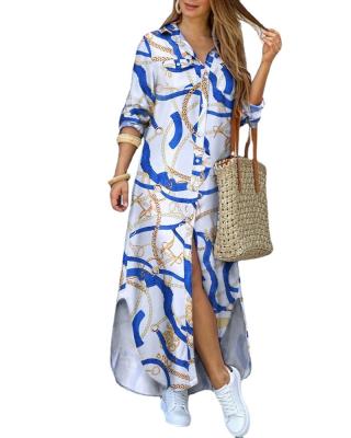 China Custom Made Breathable Multicolor Print Lapel Casual Blouse Dress Women Fall Plus Size Long Shirt Dresses for sale