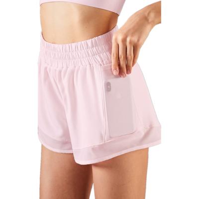 China Custom Logo Mesh Pocket Wear Women Yoga Sports Antibacterial Breathable Running Shorts for sale