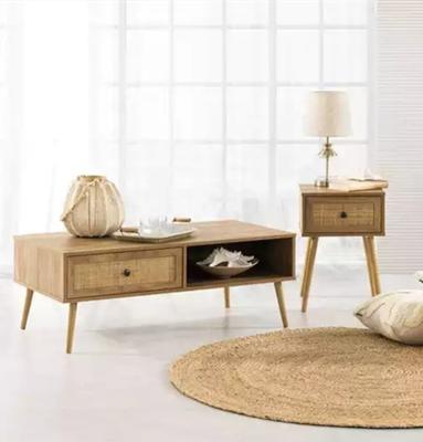 China Modern Huayi decoration coffee table desk with rattan and drawers simple design living room furniture for sale