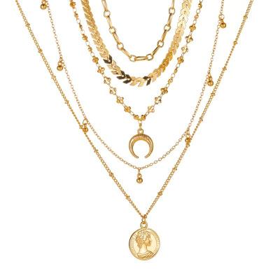 China Custom Sweater Multilayer Chain New Retro Long By 5 Layers Women's Pendant Necklace Statue Coin Necklace for sale