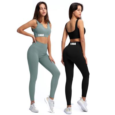 China Amazon Breathable Top Selling Knitted Ribbed Gym Equipment Set Stretchy Gym Top Set Rib Seamless Gym Set Women for sale