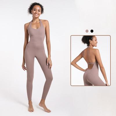 China 2021 No Sleeve QUICK DRY Skinny Backless Halter Yoga Overalls Fitness Overalls for sale