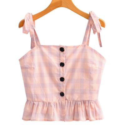 China Latest New Design D657 Viable New Design D657 Pink Plaid Shoulder Ribbon Strap Camisole Tank Tops Ladies Crop Tops for sale