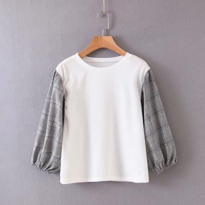 China TX250 European O Neck Plaid Anti-Shrink Patchwork Print Casual T-shirt Women's Chic Long Sleeve Pullover T-Shirts Stitch Tops for sale