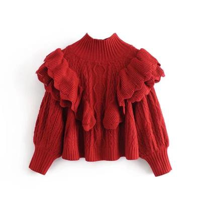 China MY263 2021 European New Design Chic Red Color Breathable Ruffles Knitted Tops Women Sweater Jumper Clothing 10 Pullovers for sale