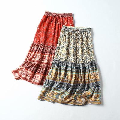 China QZ9234 Women's Bohemian Skirt Floral Printing Tie Waist Cotton Viable Elastic Patchwork Beach Skirts Wholesale for sale