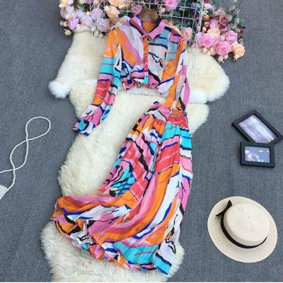 China Viable DD223 New 2022 Korean Chic Color Block Print Shirt+Skirt Set Women Two Pieces Clothing 1 Sets for sale