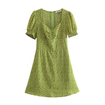 China 2021 Summer New Fashion Green Color Breathable Tiny Floral Printing Square Neck Mini Dress Women Casual Dresses QZ976 for sale