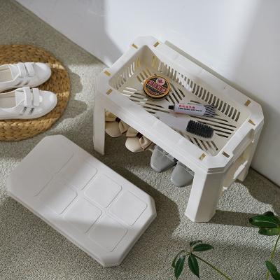 China Sustainable White Plastic Storage Bench Shoe Storage With Lid Removable Modern Locker Room Bench Storage for sale