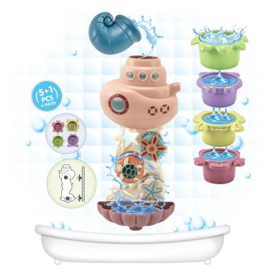 China Waterwheel/Wheel Type Dabbling Toy 6PCS rubber bathroom splashing set stacking cups for baby playing bath toy for sale