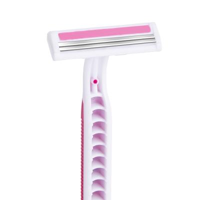 China Twin Blades Hair Razor Sweden Blade Safety Female Bikini Razor With Lubricant Strip Pink Handle Razor Rubber Stick CM2-01R for sale