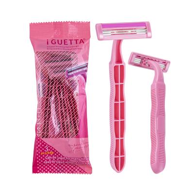 China IGUETTA 3pcs/bag Bikini Women Triple Twin Blades Razor Pink Women Razor With Aloe Lubricant Tape Female Safety Hair Remover GF2-1783 for sale