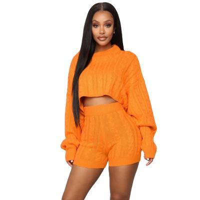 China New Arrival Women Anti-wrinkle Long Sleeve Solid Color Knit Pullover Sweater And Short Two Piece Set for sale