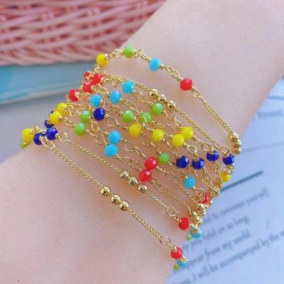 China FASHIONABLE Rainbow Gemstone Brass Beaded Brass Colored Gold Plated Link Chain Bracelet For Party for sale