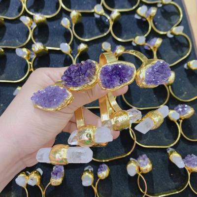 China New Design CLASSIC Clear Purple Quartz Natural Stone Beaded Gold Plated Brass Cuff Bracelet 2021 for sale