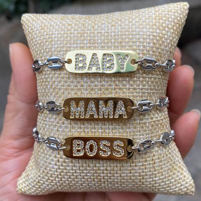 China 2022 NEW MAMA/BOSS/BABY TRENDY brass bracelets name charm with silver pig nose shape chain bracelets for sale