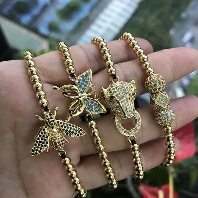 China Environmental Friendly Gold Plated Leopard/Butterfly/Bee Charm Copper Beads 2022 Adjustable Macrame Bracelets Hot Selling for sale