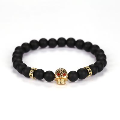 China 2020 Wholesale 8mm TRENDY Black Skull Bead Bracelet Matte Beaded Agate Onyx Micro Pave CZ Bracelets For Men for sale