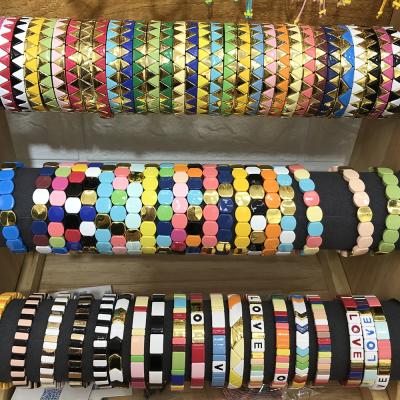 China 2022 Environmentally Friendly New Fashion Mix Style Enamel Tile Bangle Cuff Bracelet Stretch Enamel Stackable Bracelets for sale