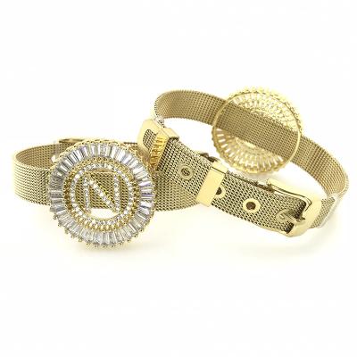 China TRENDY Stainless Steel Mesh Gold/Rose Gold Plated Initial Letter Charm Watch Strap 28mm for sale