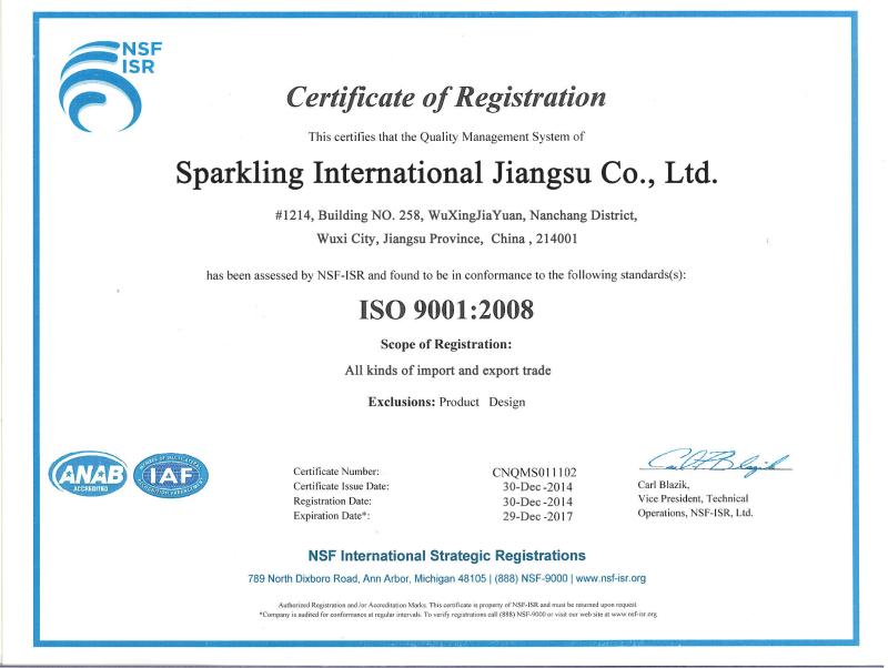 ISO9001:2008 - Sparkling Group Jiangsu Co., Ltd.