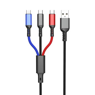 China Fast Charging 3 IN 1 Mobile Phone Cable Cord Charging Wire LED USB Micro Type C 6A Braided Three-in-One Data Cable for sale