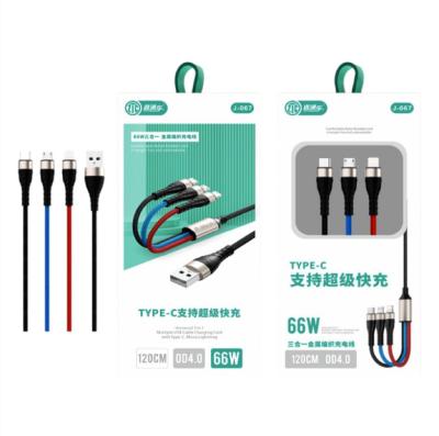 China Quick charge fully compatible with 100W USB three-in-one super fast charging black charging cable mobile phone data cable for sale