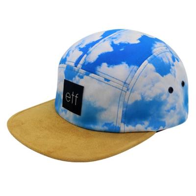 China Custom Printed Blue Sky Suede Bill Flat Snapback Hat COMMON & White Clouds Camp Hat for sale