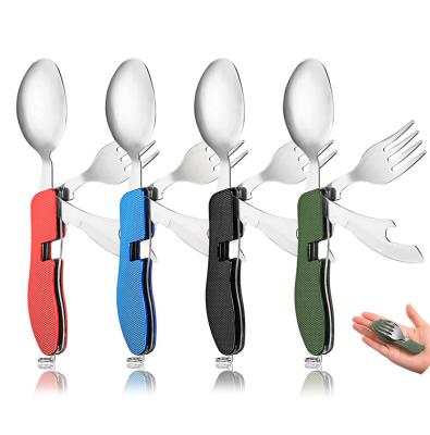 China Universal Outdoor Camping 4 in 1 Folding Tableware Utensils Survival Pocket Knife Spoon Serving Fork Sets Cutlery Multitool for sale