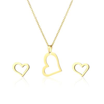 China 2022 Vintage Women Wedding Dinner Jewelry Decoration Stainless Steel Gold Plated 3 Piece Heart Dangle Earrings C Necklaces Set for sale