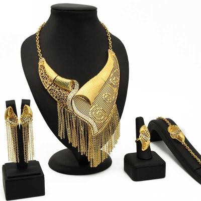 China Vintage Dubai Indian 24k Gold Tassel Necklace Earrings Bracelet Ring Jewelry Set Bridal Wedding Jewelry for sale