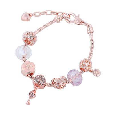 China FASHIONABLE retro French drip oil rose flower diy beaded hollow heart diamond fashion bracelet gold main bangle for sale