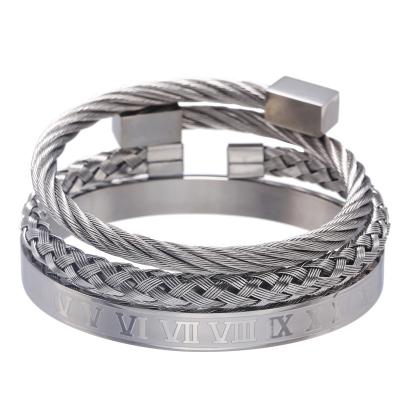 China 2022 Hiphop Men's Retro Personality Roman Letter Woven Square Stainless Soft Steel Bangle Bracelet Set for sale