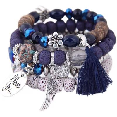 China Wholesale TRENDY Opal Love Beaded Bracelets for Women 4 Piece Set Retro Multi-circle Tassel Wrap Bracelets Boho Bangle for sale