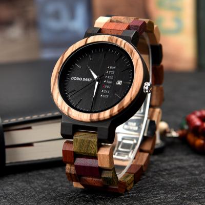 China Auto Date Reloj De Madera Colored Grain Original Mens Womens Colorful Wooden Watch Box Carving Couples Wristwatches Customize For Gifts for sale