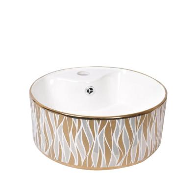 China Modern Ceramic Vessel Sink Hotel Bathroom Countertop Luxury Art Basin Gold Pattern Round Wash Basin for sale