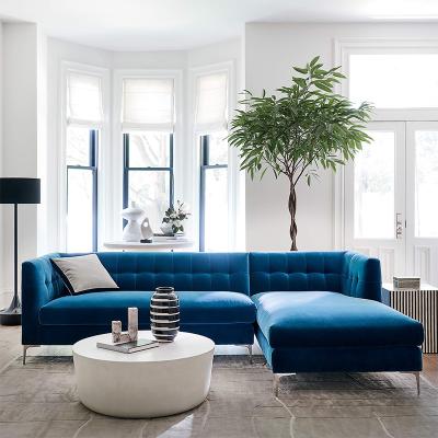 China Modern Classic Contemporary Blue Velvet Fabric Corner Convertible Tufted Chesterfield Living Room Sectional Sofa for sale