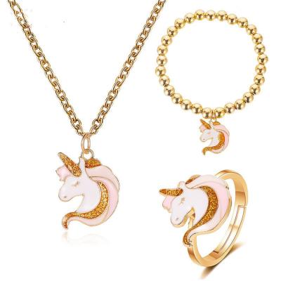 China Latest Fashion Styles Trendz 2020 New Cute Oil Dripping Unicorn Necklace Bracelet Ring Jewelry Set For Kids for sale