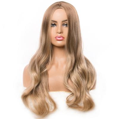 China Long Body Wave Ombre Wigs Brown Wavy Blonde Mix Color, Synthetic Wigs For Women Part Wig Natural Medium Hair for sale