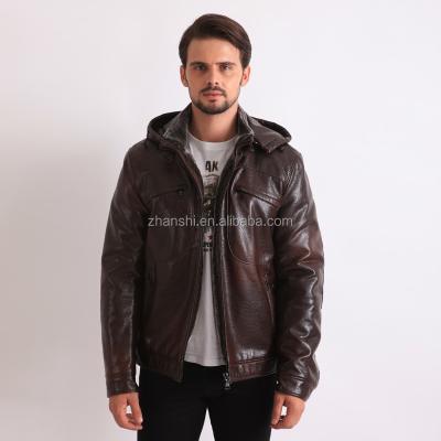 China Factory Breathable Premium Jacket Mens Brown PU Leather Jacket With Hood for sale