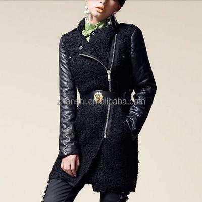 China Zipper Design Diamond Long Womens Wool Biker Anti-Shrink Coat With Leather Collar for sale