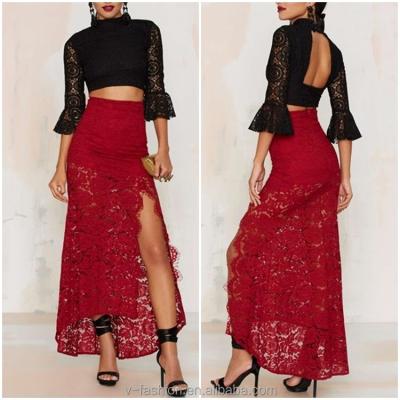 China Plus Size Plus Size 2017 Fashion Skirt And Crop Top Set Lace Fabric Maxi Skirt for sale