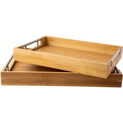 China Sustainable Modern Bamboo Serving Trays With Steel Handle 2size Coffee Tea Trays For Ottoman Decor Bamboo Trays For Breakfast for sale