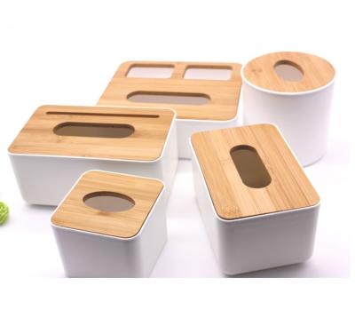 China Factory Supply Modern Exquisite Stylish Design White Square Plastic Tissue Boxes With Bamboo Lid for sale