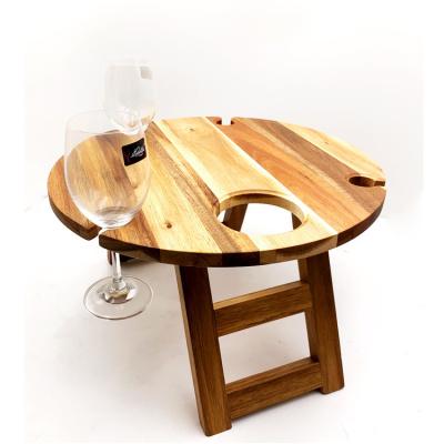 China Sustainable Portable Folding Wine Round Picnic Table Acacia Snack Table with Wine Bottle and Glass Holder for sale