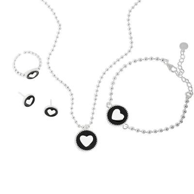 China FASHIONABLE Heart Bracelet Jewelry Black Epoxy Set 925 Sterling Silver Women's Necklace Ring Earrings for sale