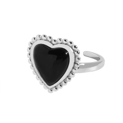 China Romantic Modern Black Border 925 Sterling Silver Adjustable Agate Heart Bead Ring for sale