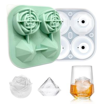 China MHC Custom Shape 3D Flower Ice Cube Tray With Lid Non-Spill 4 Rosette And Diamond Ice Cream Tools for sale