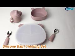 Bear Shape Silicone Baby Feeding Set BPA Free Suction Eco - Friendly With Lid