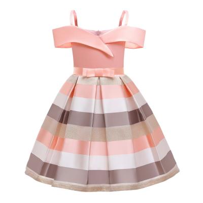 China HDKZT9980 Anti-wrinkle Girls Dress Summer Kids Wear Suspender Ball Gown Kids Princess Skirt Kids Shoulderless Striped Dresses for sale